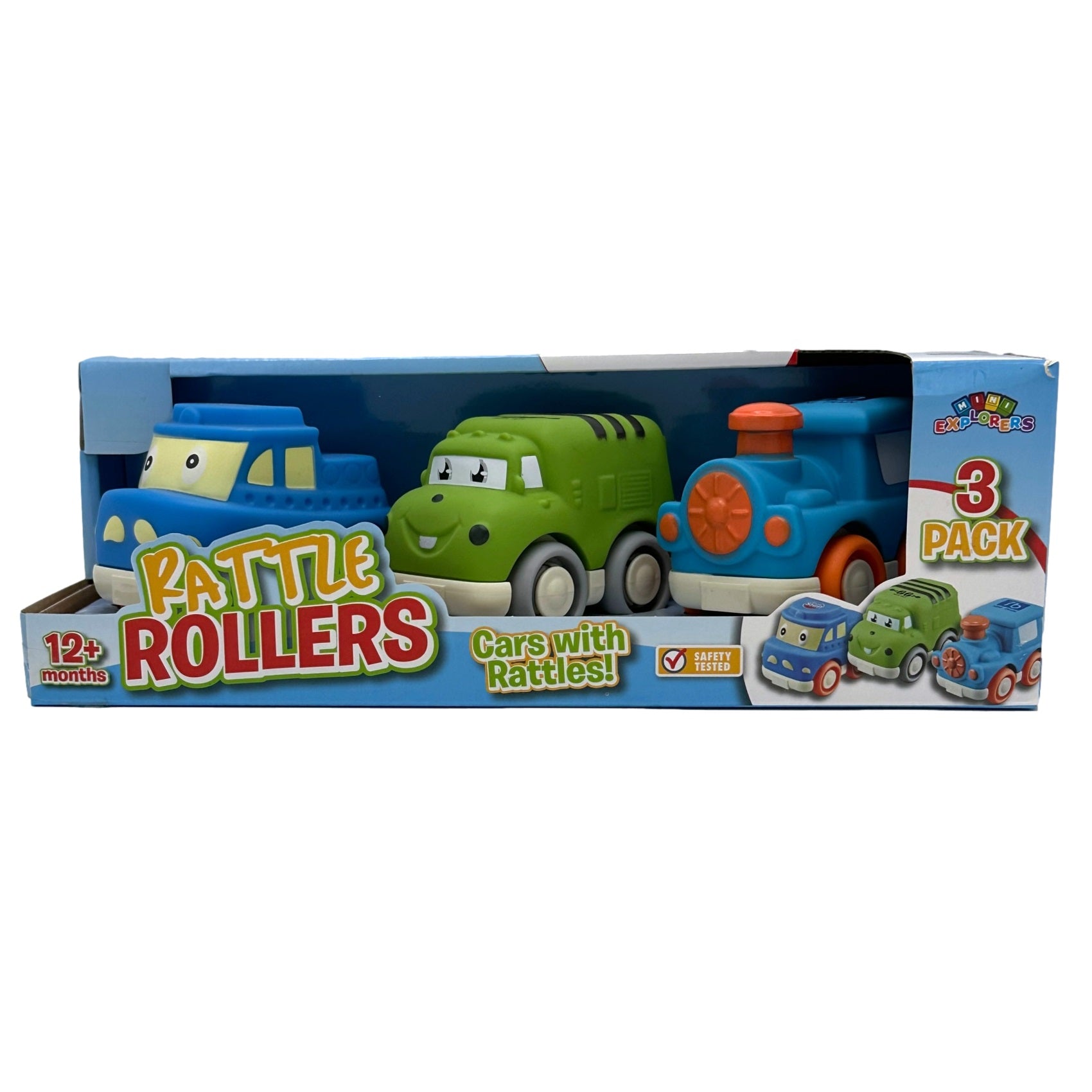 Three Rattle Rollers cars in packaging. The cars are blue, green and blue. The packaging is blue and the cars have a smiley face.